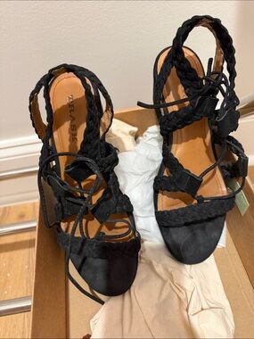 Braided Lace-Up Black Heeled Sandals